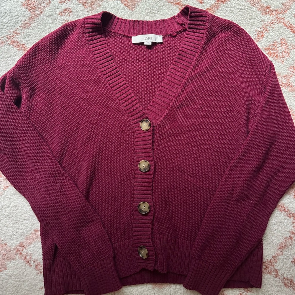 LOFT Women's Burgundy Button-Front V-Neck Cardigan Sweater
